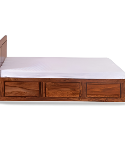 Hina Solid Wood Sheesham Bed Bed Type: Single Design Features: Headboard, reinforced legs Finish: Smooth lacquer polish highlighting natural grain Wood Treatment: Professionally seasoned and treated to resist termites and borers Warranty: 12 months (covers manufacturing and pest issues)