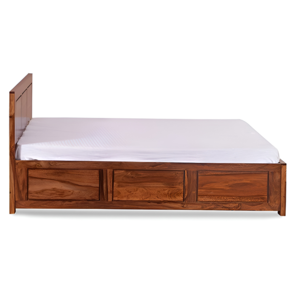 Hina Solid Wood Sheesham Bed Bed Type: Single Design Features: Headboard, reinforced legs Finish: Smooth lacquer polish highlighting natural grain Wood Treatment: Professionally seasoned and treated to resist termites and borers Warranty: 12 months (covers manufacturing and pest issues)